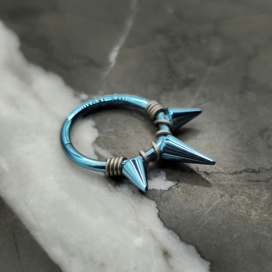 Triple Spike Hinged Clicker Ring in Ice Blue + Grey